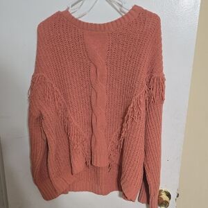 No Boundaries Coral Fringe Cable Knit Sweater